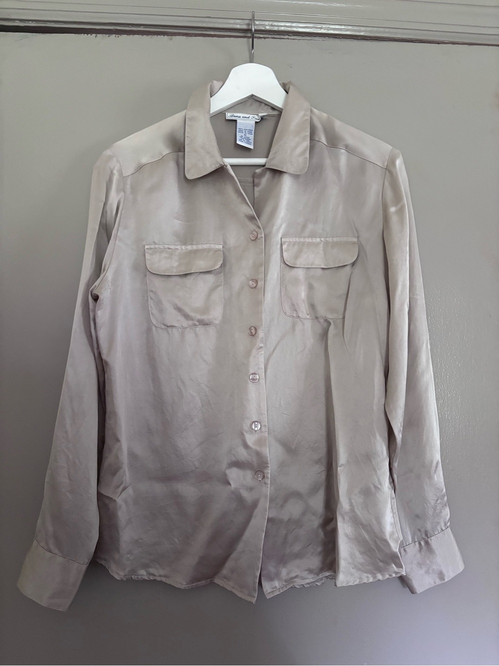 Vintage Anna & Frank Silk Champagne Taupe Button-Front Blouse | 1990s